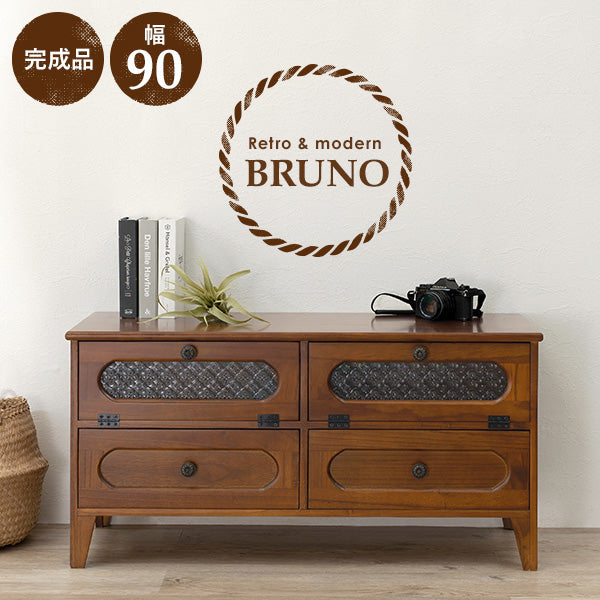 [幅90] レトロな花ガラスのテレビ台 フラップ扉タイプ 完成品 Bruno