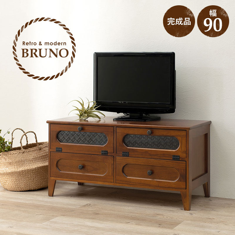 [幅90] レトロな花ガラスのテレビ台 フラップ扉タイプ 完成品 Bruno