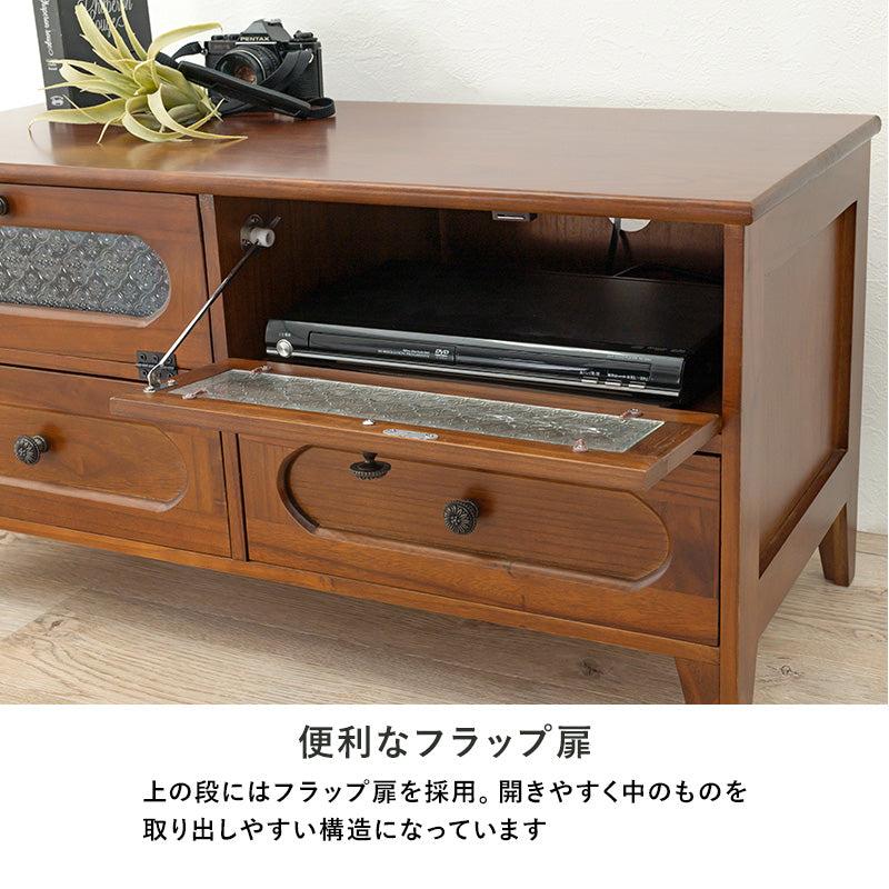 [幅90] レトロな花ガラスのテレビ台 フラップ扉タイプ 完成品 Bruno
