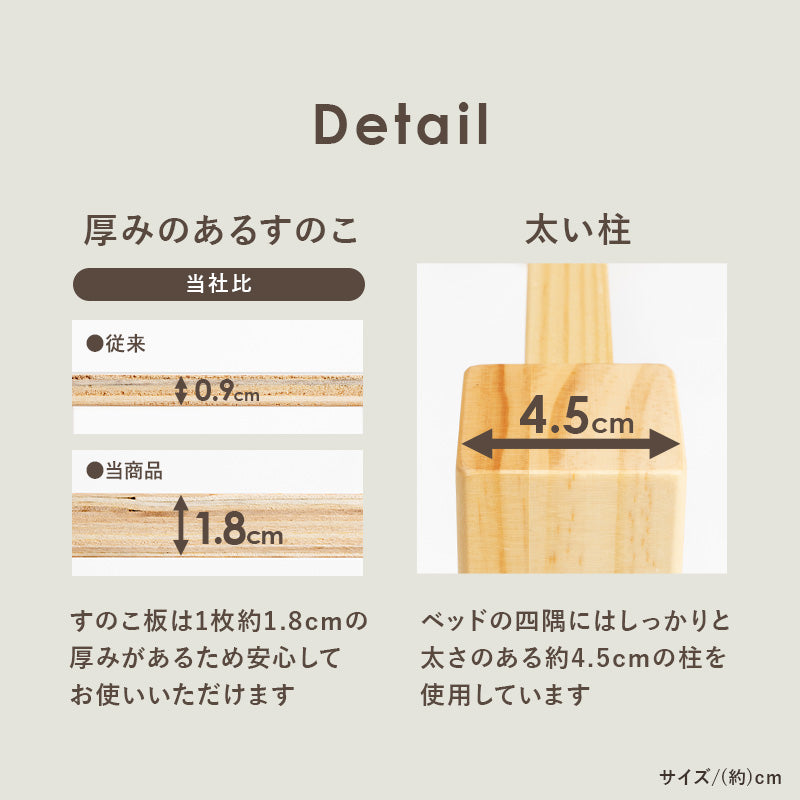 [シングル] すのこベッド 高さ調整3段階 コンセント付き LOG（ベッドフレーム+薄型4つ折りマットレスSET）