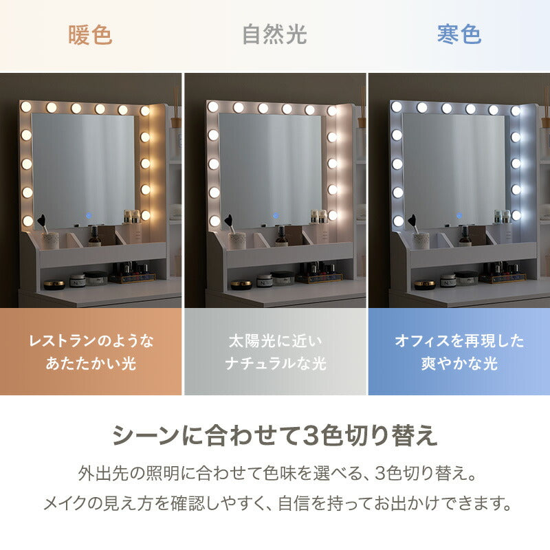 LEDライト付きドレッサー LEDライト付きドレッサー コンセント付き 収納付きスツールセット [幅