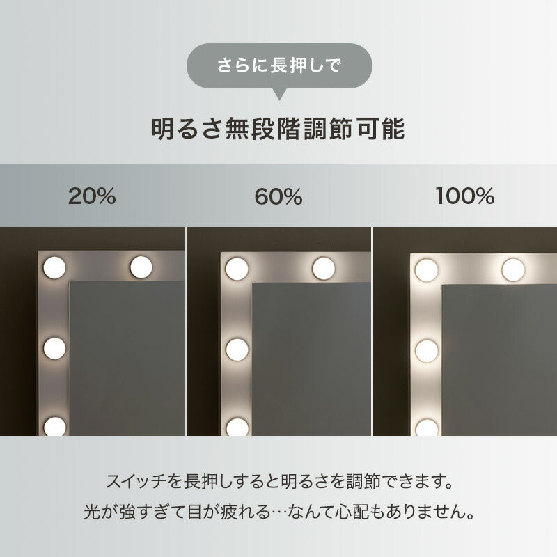 LEDライト付きドレッサー コンセント付き 収納付きスツールセット [幅