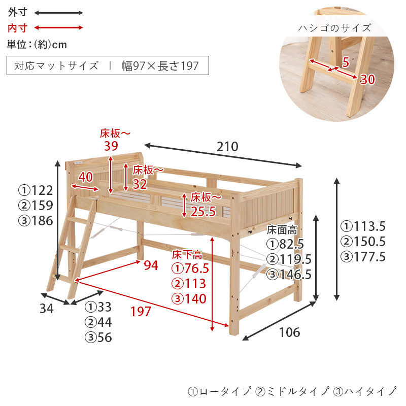 頑丈 木製 ロフトベッド サイドフック・コンセント付き [高さ122
