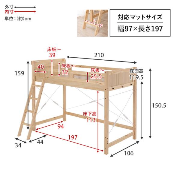 【敷布団OK】頑丈ロフトベッド ミドルタイプ 高さ113cm 【poplar】 ポプラ（ミドル シングル 子供 コンパクト おしゃれ 北欧  シンプル ベッド 子供用 ロフトベット すのこベッド 収納 宮付き 布団　敷き布団 敷布団 棚 棚付き コンセント 木製 天然木 パイン 大人 白）