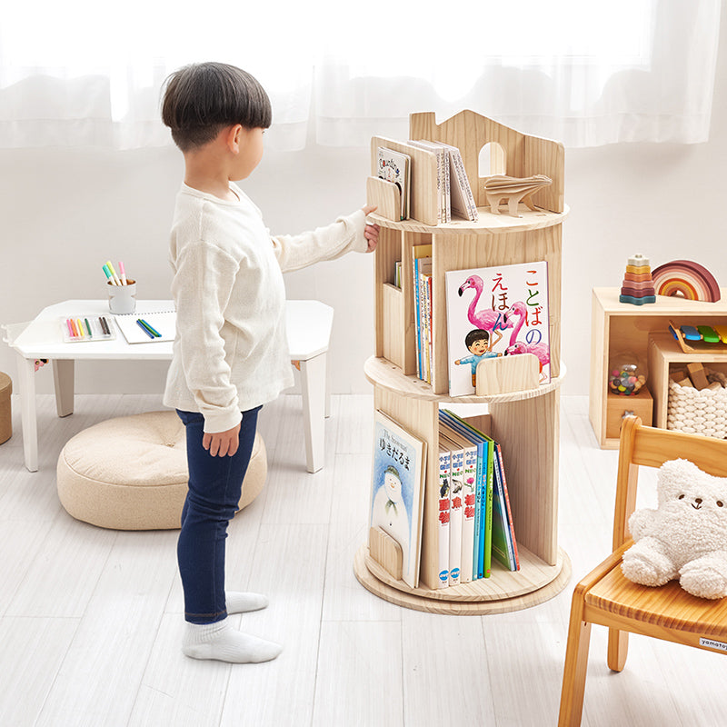 【新商品】[幅44][3/4段] 図鑑対応 おうち型回転絵本ラック 丸型 天然木無塗装 pine