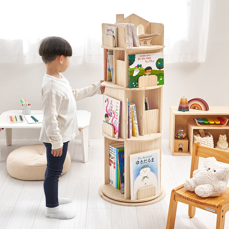 【新商品】[幅44][3/4段] 図鑑対応 おうち型回転絵本ラック 丸型 天然木無塗装 pine