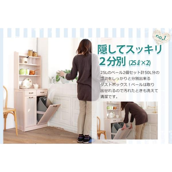 フレンチカントリー2分別ダストボックス棚付き(25L×2個)【naturale ナチュラーレ】（ホワイト ツートン 木製 ゴミ箱 ごみ箱 分