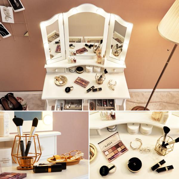 猫脚ドレッサー LEDライト付き 三面鏡 スツールセット[幅75] Rose