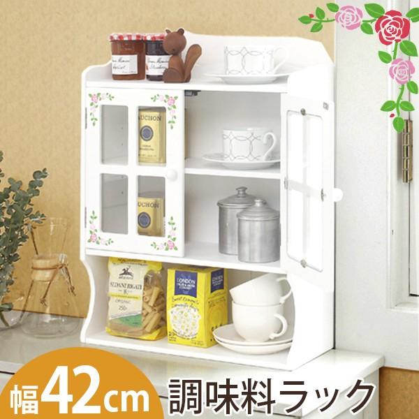 カウンター上収納 ラック ローズ柄 調味料ラック 幅42cm【Happy Rose】（ホワイト）（ローズ柄ペイント スパイスラック キッチンラック 収納ラック 木製 台所用品 キッチン収納 キッチン用品 白 カントリー家具 カントリー雑貨 キッチン雑貨 薔薇柄 バラ柄）