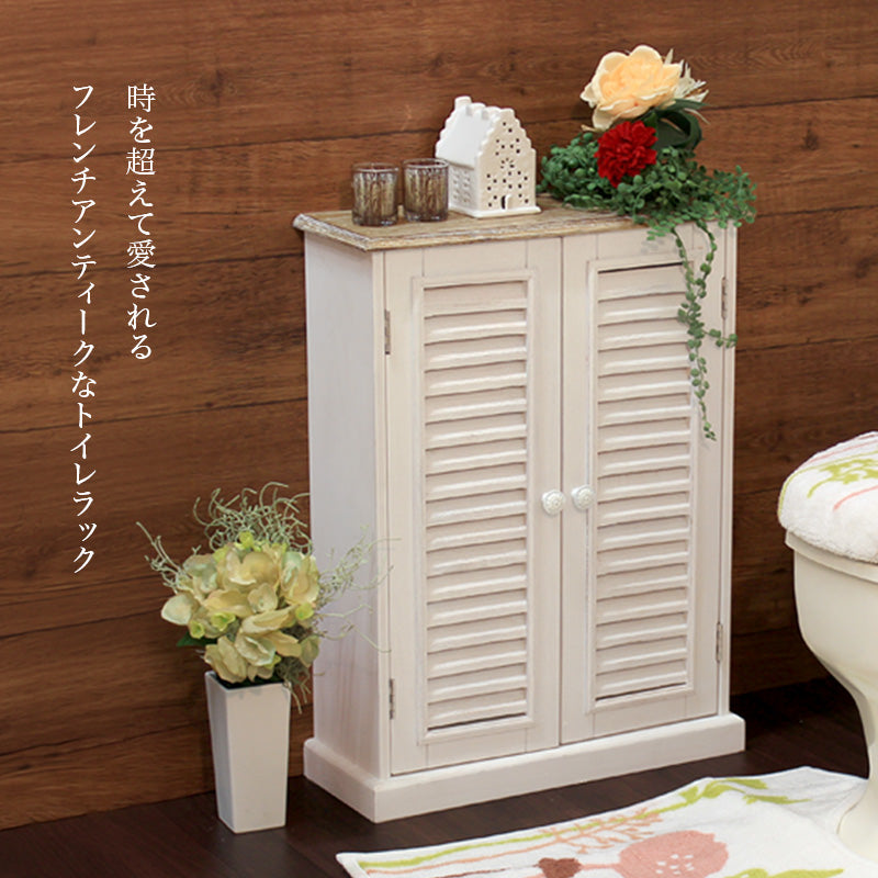 ホワイト 木製ラック 薔薇モチーフ 収納棚(トイレ収納) トイレラック [幅45] フレンチアンティーク調 完成品 BROCANTE