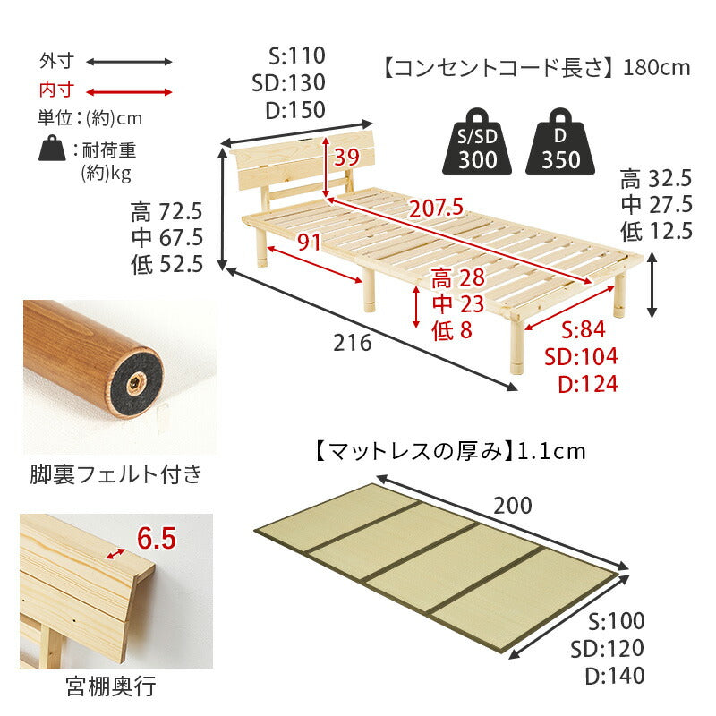 頑丈すのこベッド 畳マットレスセット 高さ調節3段階 敷布団対応 宮棚