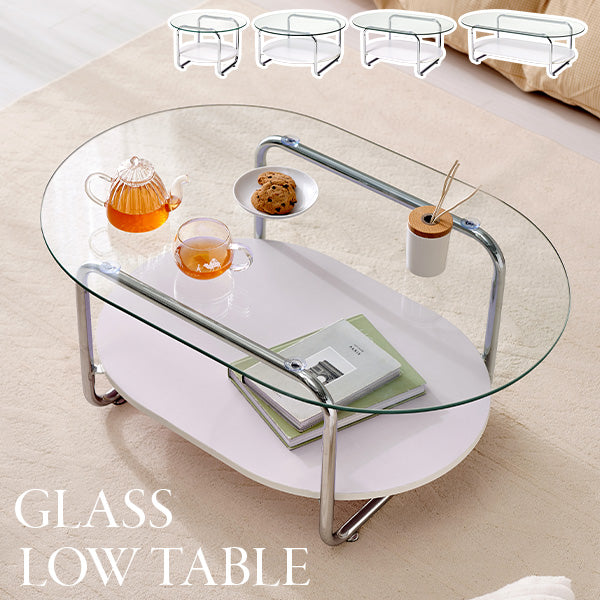 【新商品】[4size] ラウンド型ガラスローテーブル 棚板付き luce