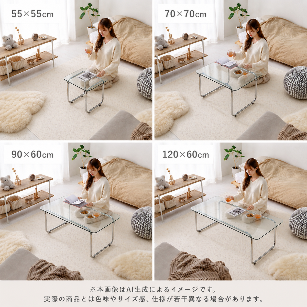 【新商品】[4size] スクエア型ガラスローテーブル luce